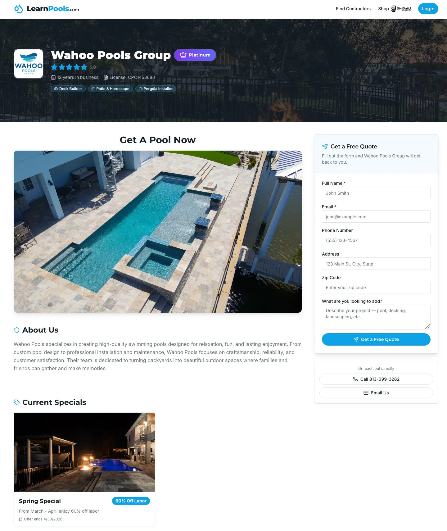 Example LearnPools contractor landing page with photo gallery, reviews, specials, and lead capture form