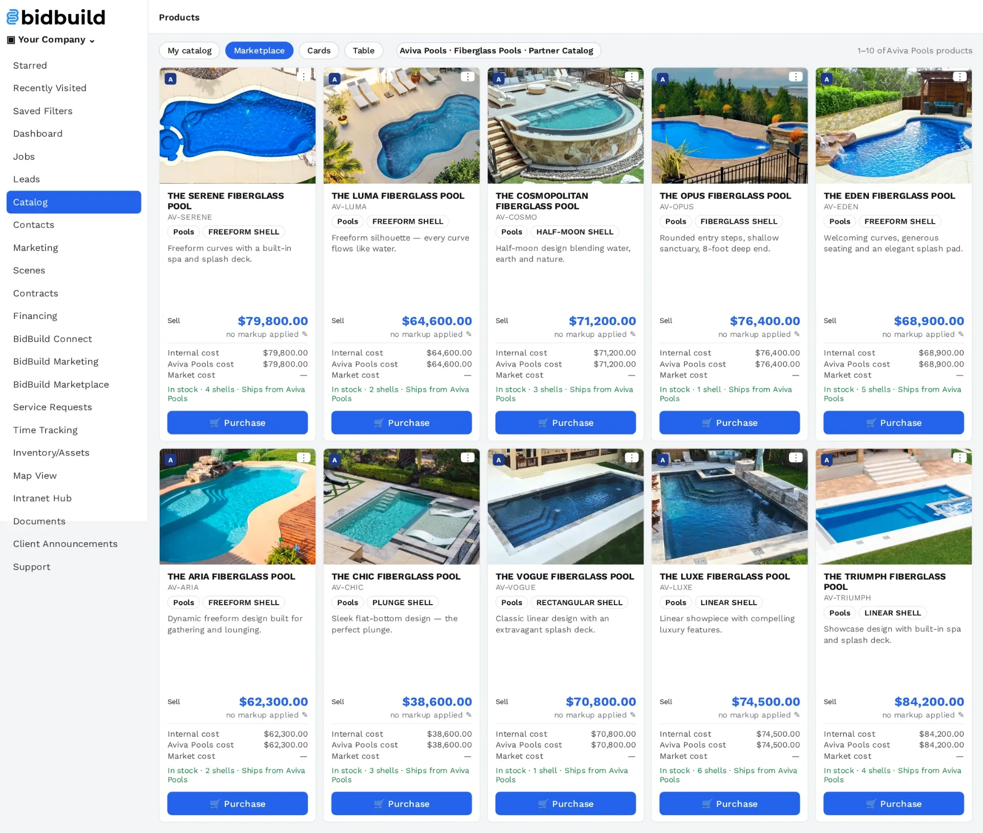 Aviva Pools fiberglass pool models in the BidBuild product catalog