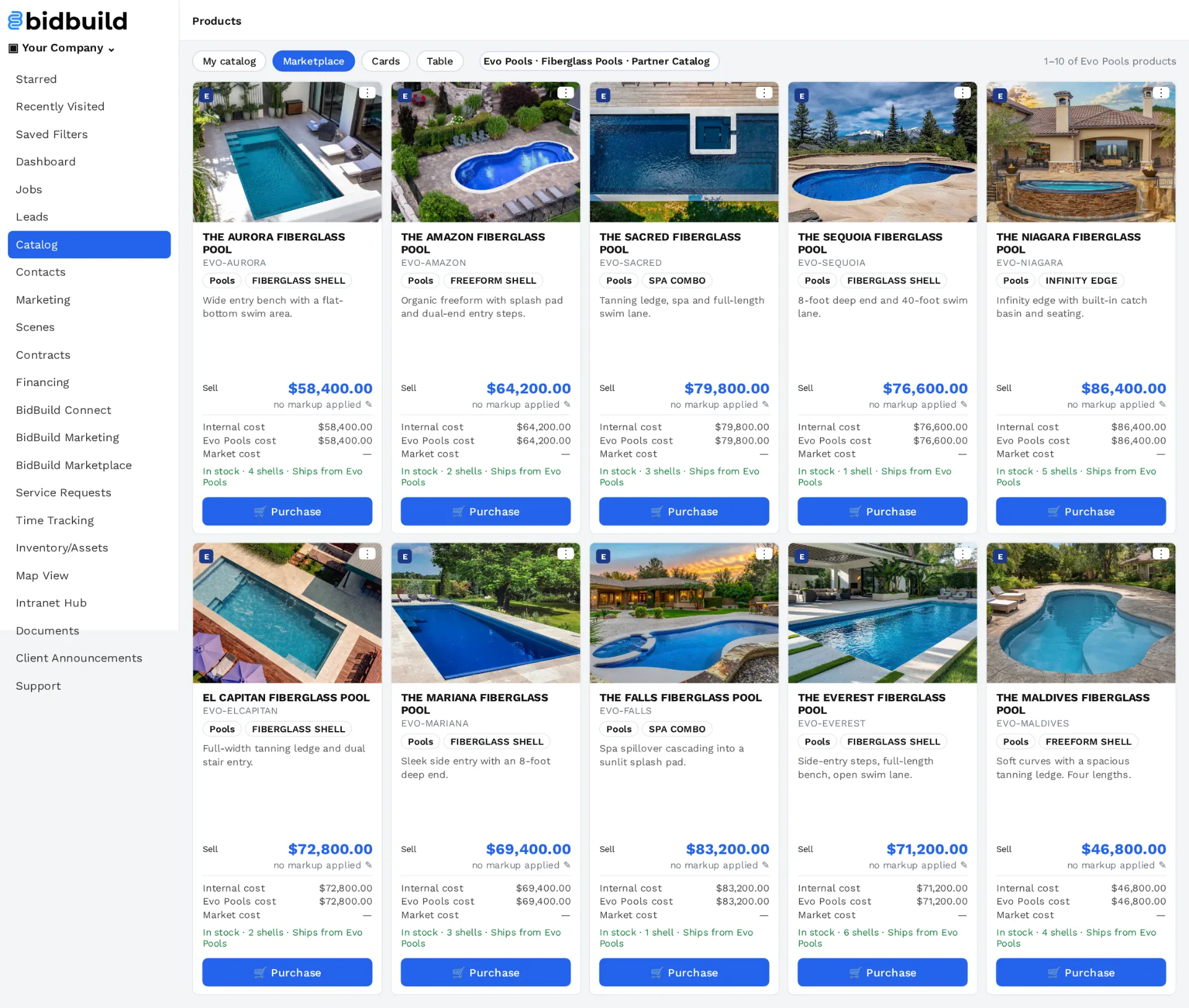 Evo Pools fiberglass pool catalog inside BidBuild Marketplace
