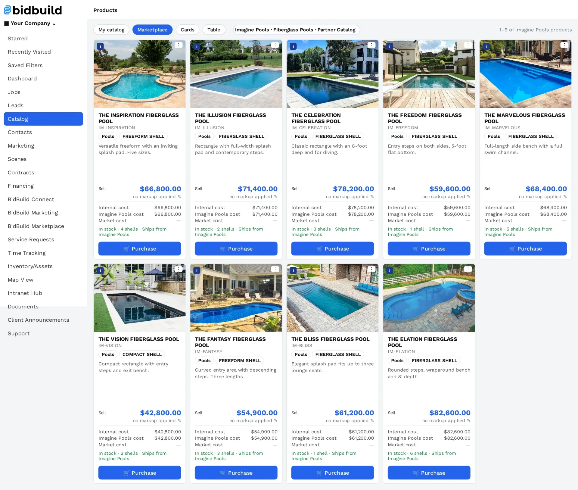 Imagine Pools fiberglass pool models in the BidBuild product catalog