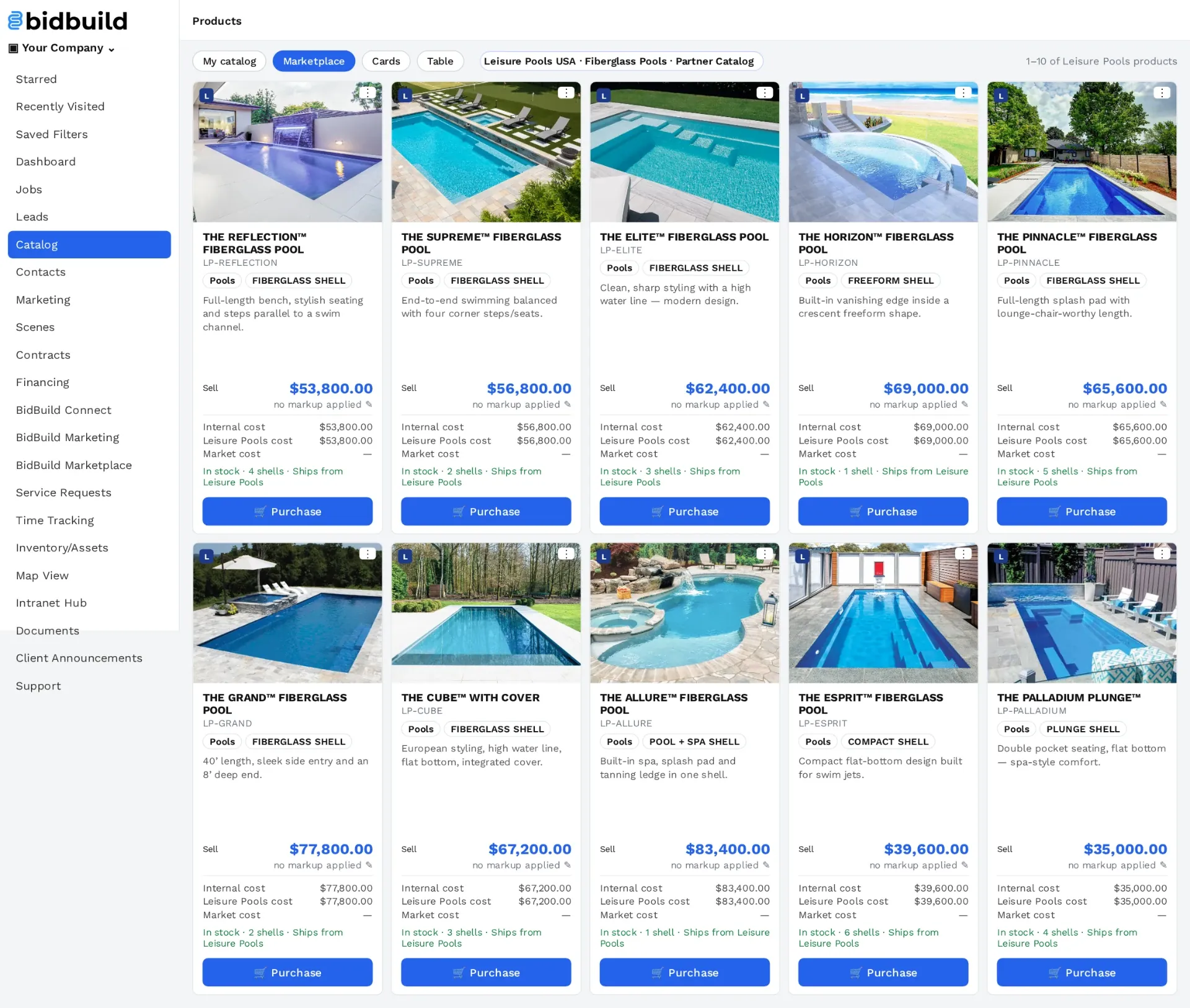 Leisure Pools fiberglass pool models in the BidBuild product catalog
