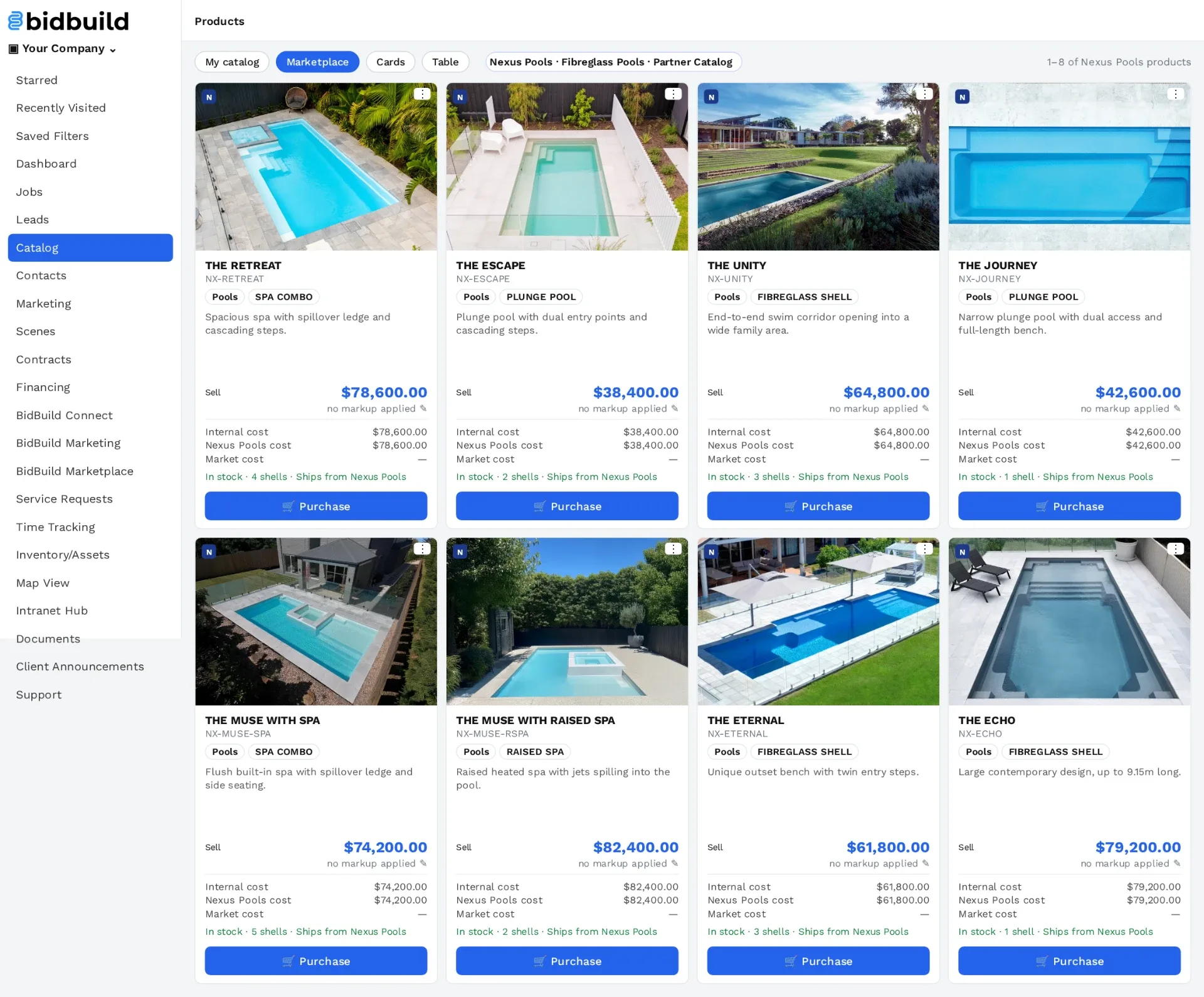 Nexus Pools fibreglass pool catalog inside BidBuild Marketplace