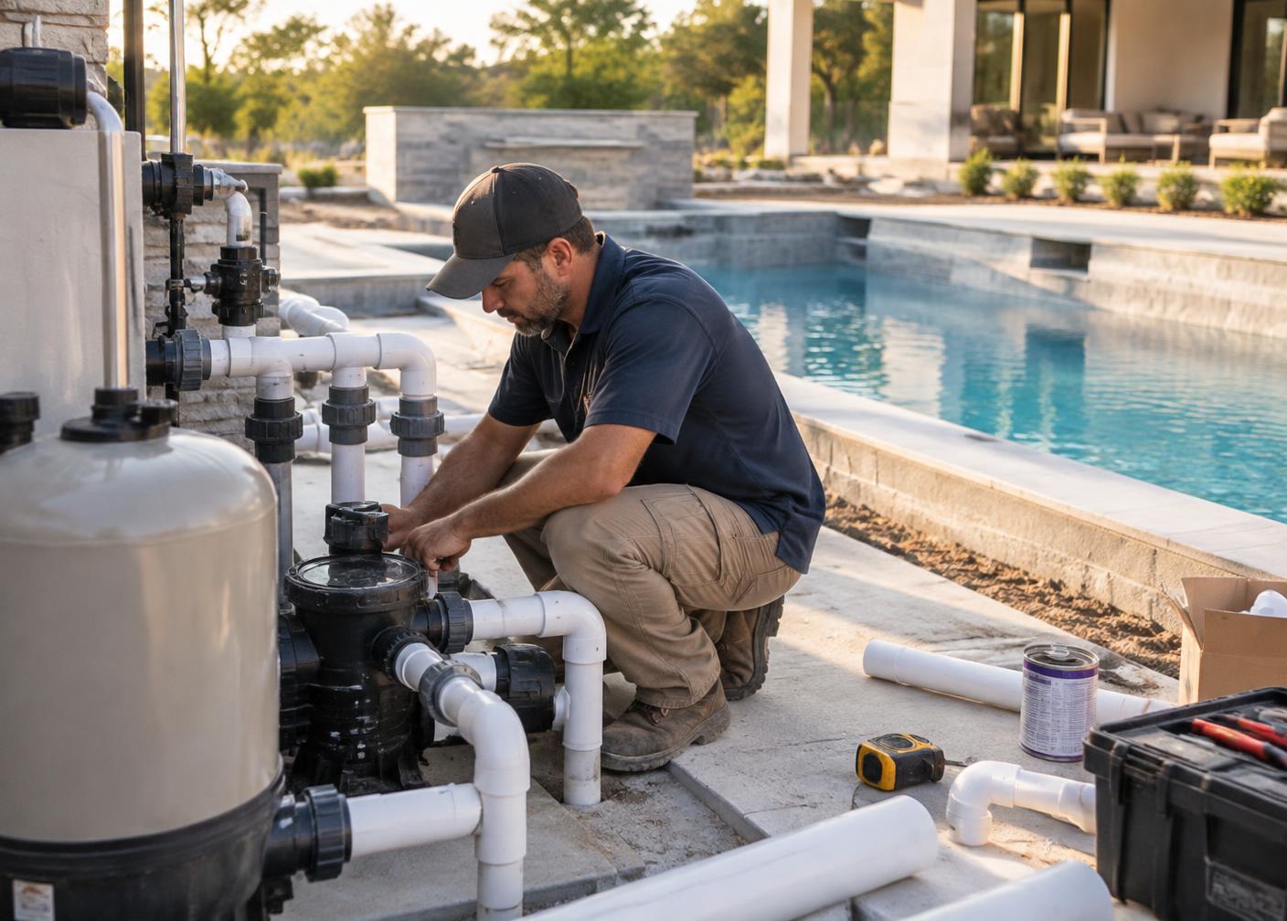 Pool technician working on equipment beside a finished pool