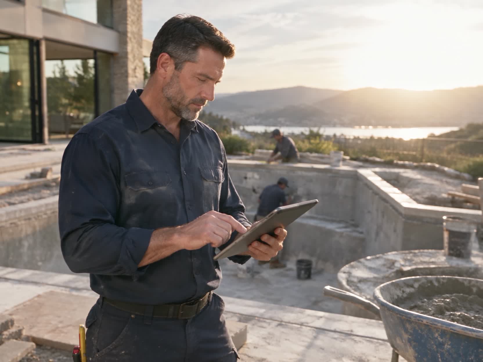 Pool builder reviewing a project on a tablet beside a pool under construction
